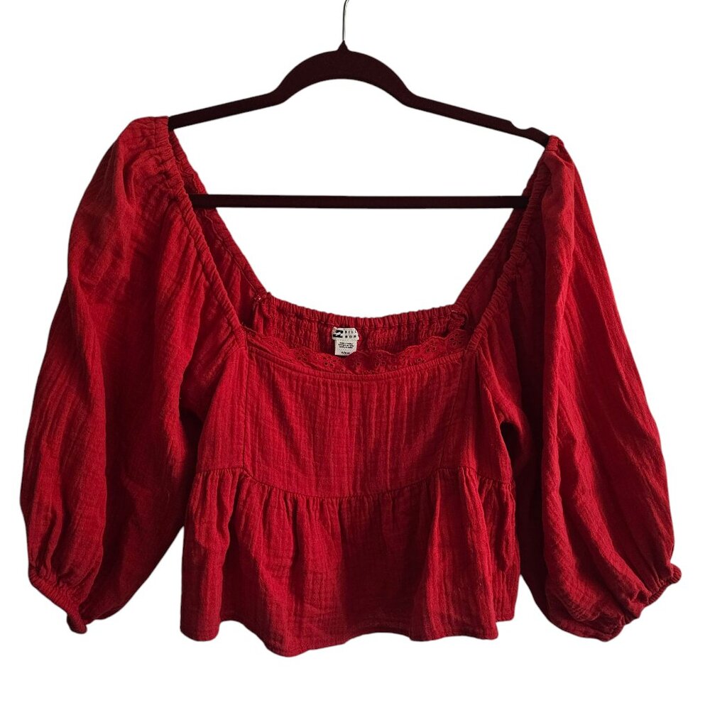 Billabong Red Cotton Cottagecore Boho Puff Sleeve Crop Top